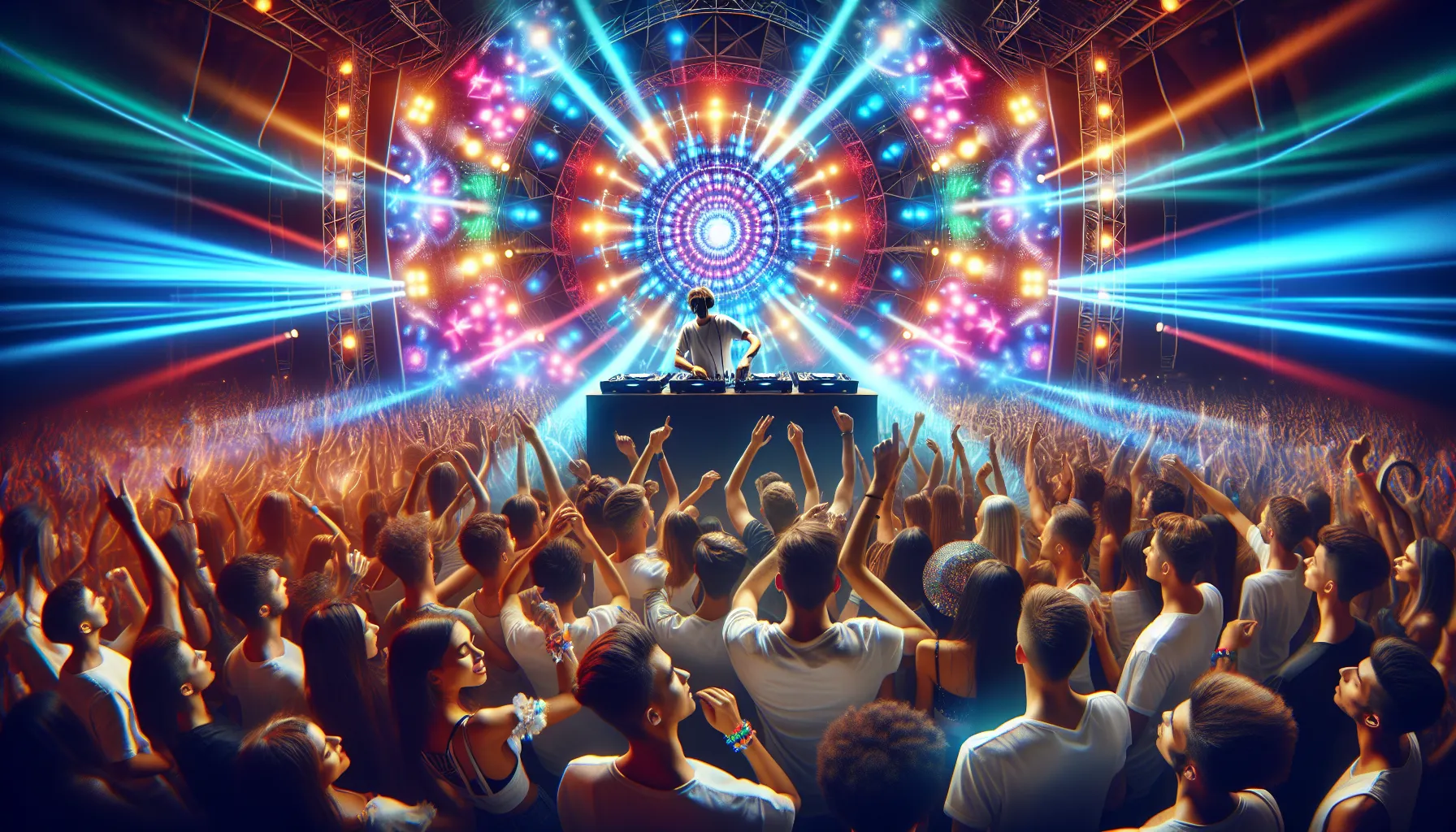 די ג'יי מופיע באירוע מוזיקת טראנס עם תאורה צבעונית