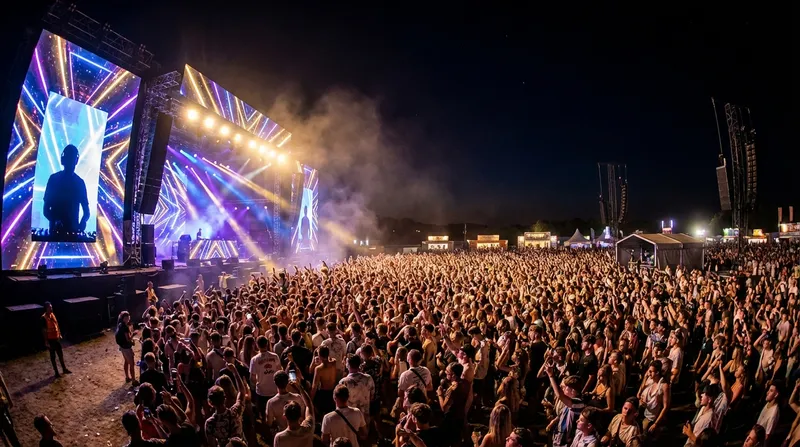 די ג'יי מופיע בפסטיבל חיצוני עם קהל גדול